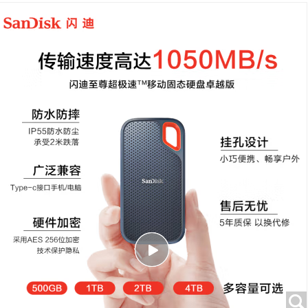 闪迪（SanDisk）1TB Nvme 移动固态硬盘（PSSD）E61至尊极速卓越版 ssd 传输速度1050MB/s IP55等级三防保护